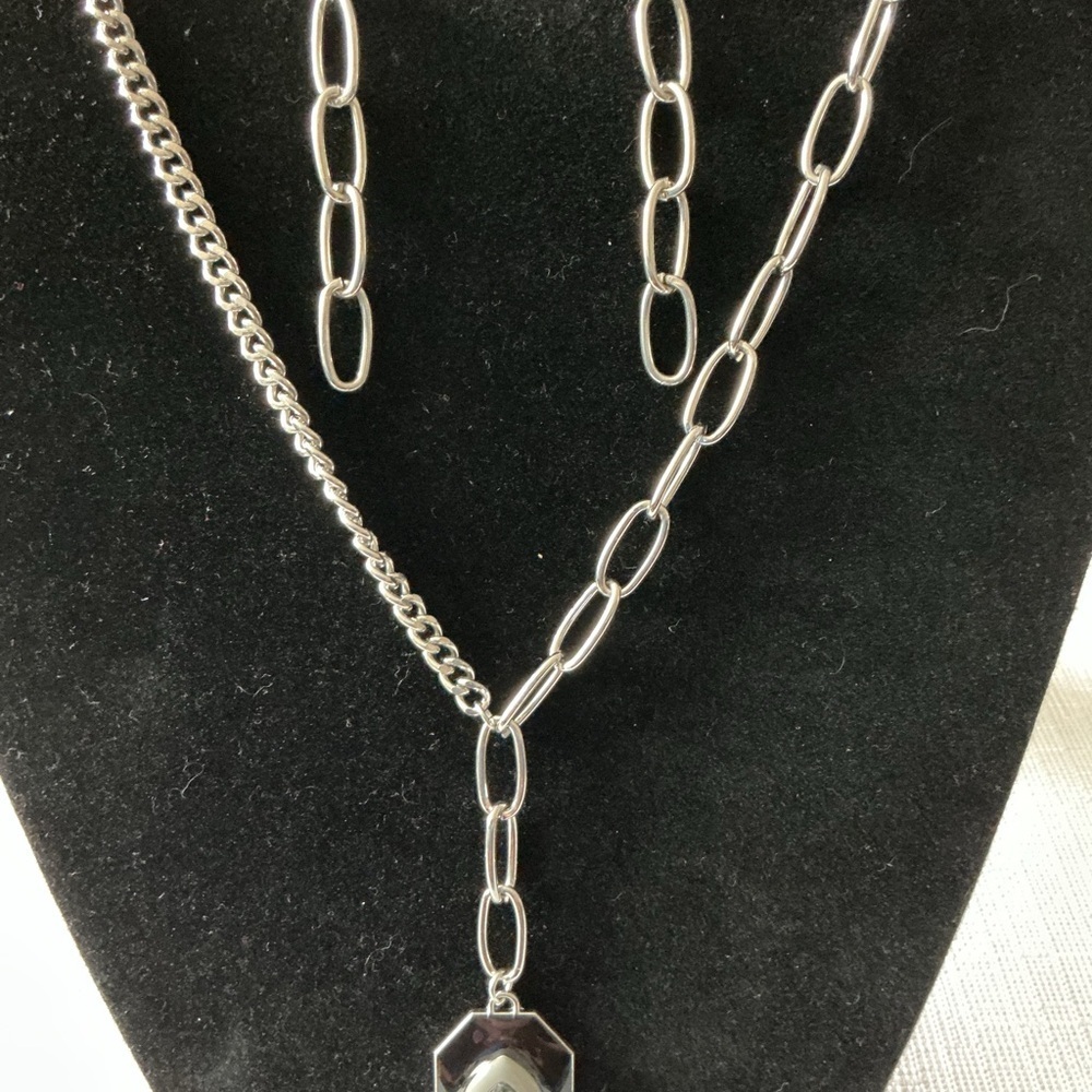 Gray Silver Tone Pendant Necklace, and Earrings Set